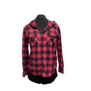 Aritzia TNA Flannel Buffalo Plaid Shirt With Hood Size L